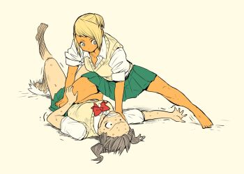 2girls blonde_hair jiu-jitsu multiple_girls skirt wrestling