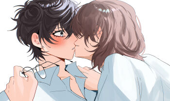 Rule 34 | 2boys, absurdres, akechi gorou, amamiya ren, black hair, blush, brown hair, collared shirt, eyelashes, fsmaichobpeg0, glasses, grey eyes, hair behind ear, highres, holding, holding removed eyewear, kiss, male focus, multiple boys, open collar, parted bangs, parted lips, persona, persona 5, shirt, simple background, smile, unworn eyewear, upper body, white background, white shirt, wide-eyed, wing collar, yaoi