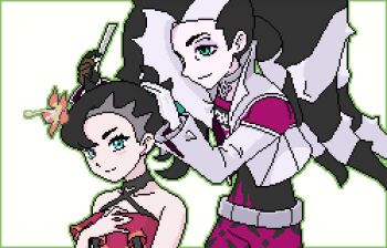 1boy 1girl aoshima_(pidove810) asymmetrical_bangs belt bike_shorts black_choker black_hair brother_and_sister choker closed_mouth commentary_request cropped_jacket flower green_eyes hair_flower hair_ornament hand_up holding jacket long_hair lowres marnie_(pokemon) marnie_(summer_2021)_(pokemon) multicolored_hair nintendo official_alternate_costume orange_flower piers_(pokemon) pixel_art pokemon pokemon_masters_ex pokemon_swsh revision shirt siblings smile two-tone_hair white_background white_hair white_jacket