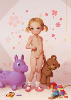 1girl alkemanubis bear blonde_hair blue_eyes bracelet cleft_of_venus crayon drawing_(object) flat_chest flower highres holding holding_stuffed_toy jewelry lego loli looking_at_viewer mary_janes navel nipples nude paper pink_footwear pussy shoes short_hair socks standing stuffed_animal stuffed_toy teddy_bear toy toy_train train twintails uncensored white_socks