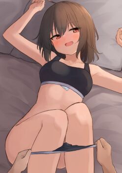 1boy 1girl ahoge arms_up bed_sheet black_bra black_panties bra breasts brown_hair centi_mnkt collarbone condom condom_wrapper condom_wrapper_in_clothes feet_out_of_frame haruka_(centi_mnkt) head_tilt highres knees_up looking_at_viewer lying medium_breasts on_back open_mouth orange_eyes original panties panty_pull pillow pov short_hair sidelocks smile thighs training_bra underwear underwear_only