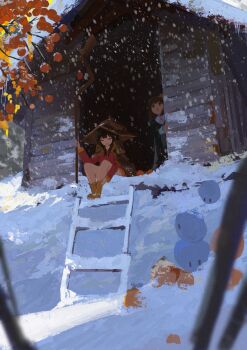 2girls absurdres black_hair boots brown_hair cape closed_eyes commentary_request dress hair_ornament hat highres holding holding_staff komekko kono_subarashii_sekai_ni_shukufuku_wo! konosuba!_fantastic_days koukouya mage_staff megumin multiple_girls open_mouth red_dress shed short_dress sitting snow snowing staff star_(symbol) star_hair_ornament wide_shot winter