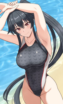 1girl alternate_costume arms_up beach black_hair collarbone competition_swimsuit covered_navel grey_one-piece_swimsuit highleg highleg_one-piece_swimsuit highres kantai_collection long_hair mayomaru1 multicolored_swimsuit one-piece_swimsuit solo swimsuit water yahagi_(kancolle)