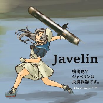 1girl absurdres black_neckerchief blue_eyes blue_sailor_collar commentary_request dress fgm-148_javelin gloves grey_hair hat highres javelin_(kancolle) kantai_collection long_hair loose_hair_strand name_connection neckerchief object_namesake pot-de sailor_collar sailor_dress sailor_hat solo translation_request twitter_username white_dress white_gloves white_hat