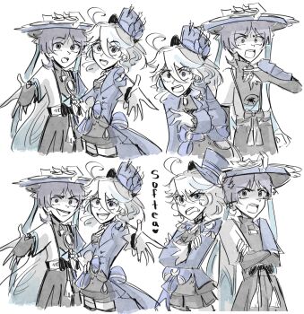 1boy 1girl ahoge anger_vein annoyed arm_at_side artist_name black_bodysuit black_bow black_bridal_gauntlets black_shorts blue_bow blue_cape blue_eyes blue_hat blue_jacket blue_sleeves blunt_ends bodysuit bow bridal_gauntlets brooch cape coattails constricted_pupils crazy_eyes crazy_smile crossed_arms curly_ends eyelashes feathers frown furina_(genshin_impact) furisode gem genshin_impact gloves gold hair_between_eyes han'eri hand_on_own_chest hat head_down heterochromia highres imitating jacket japanese_clothes jewelry jingasa kimono layered_kimono long_sleeves looking_at_viewer mini_hat mini_top_hat mismatched_pupils multiple_expressions multiple_views open_hand open_mouth outstretched_arm pom_pom_(clothes) purple_eyes purple_hair scaramouche_(genshin_impact) sequential short_hair short_shorts short_sleeves shorts shoulder-to-shoulder sketch smile softea suit_jacket tassel teeth thigh_strap top_hat upper_teeth_only vision_(genshin_impact) wanderer_(genshin_impact) white_background white_gloves white_hair white_kimono white_sleeves wide-eyed