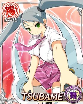 1girl border breast_press breasts card_(medium) character_name closed_mouth collared_shirt dual_wielding game_cg green_eyes grey_hair high_heels holding holding_sword holding_weapon large_breasts long_hair looking_at_viewer maisen_university_high_school_uniform midriff necktie official_alternate_costume official_art outstretched_arms pink_necktie pink_skirt plaid_clothes plaid_necktie plaid_skirt school_uniform senran_kagura senran_kagura_new_wave shirt short_sleeves skirt smile solo swept_bangs sword thighhighs tsubame_(senran_kagura) twintails weapon white_shirt white_thighhighs
