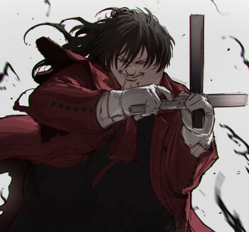 1boy absurdres alucard_(hellsing) alucard_(hellsing)_(cosplay) black_hair cleft_chin coat cosplay dual_wielding evil_grin evil_smile family_guy fat fat_man gloves grin gun handgun hellsing highres holding holding_gun holding_weapon kowai_(iamkowai) long_hair looking_at_viewer male_focus peter_griffin red_coat red_eyes round_nose smile solo twitter_username weapon white_gloves