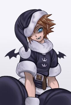 Rule 34 | 1boy, bat wings, belt, black hat, black pants, black santa costume, blue eyes, bright pupils, brown hair, chuchubreeze, commentary, english commentary, fangs, fur-trimmed headwear, fur trim, gloves, hat, highres, kingdom hearts, male focus, official alternate costume, pants, santa costume, santa hat, short hair, smile, sora (christmas town) (kingdom hearts), sora (kingdom hearts), spiked hair, white pupils, wings