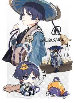 1boy animalization beads bell bird black_overalls black_shoes black_sleeves black_socks blue_hat blue_kimono blue_sleeves blunt_ends border bright_pupils cat_hair_ornament character_doll chibi closed_mouth doll eyeliner eyeshadow feathers finch frown fur_wrist_cuffs furrowed_brow genshin_impact gold grey_background hair_ornament halloween halloween_costume hand_up hat highres holding holding_scissors japanese_clothes jingasa kesa kimono long_sleeves looking_at_viewer makeup marionette marionette_controller mitsudomoe_(shape) monk mudra multiple_views official_alternate_costume open_hand open_mouth overalls parted_bangs person_and_animalization pom_pom_(clothes) prayer_beads prototype_design pumpkin_hat puppet puppet_strings purple_eyes purple_hat purple_rope red_eyeliner red_eyeshadow reito6 rope scaramouche_(cat)_(genshin_impact) scaramouche_(genshin_impact) scissors shimenawa shirt shoes short_sleeves sitting socks tomoe_(symbol) tsurime twitter_username two-tone_kimono undershirt wanderer_(genshin_impact) white_border white_pupils white_rope white_shirt white_sleeves white_socks wide_sleeves wispy_bangs wrist_cuffs yellow_feathers