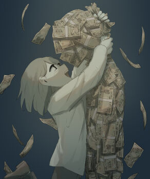 1girl absurdres arms_around_neck arms_up avogado6 banknote falling_money happy highres looking_up marble_background money open_mouth original personification pile_of_money shirt solo white_shirt