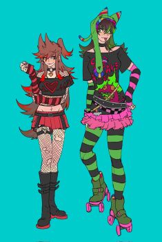 Rule 34 | 2girls, alternate costume, alternate hairstyle, animal hat, animification, arm warmers, belt, belt boots, black belt, black boots, black eyeshadow, black pantyhose, black shirt, blue background, boots, breasts, brown hair, cat hat, choker, commentary, corrupted twitter file, eddsworld, ell (eddsworld), emo fashion, eye contact, eyeshadow, fashion, fishnet pantyhose, fishnet top, fishnets, flipped hair, frilled skirt, frills, full body, green hat, green pantyhose, green streaks, grey eyes, hair between eyes, hair bobbles, hair down, hair ears, hair ornament, hand on own hip, hat, heart, heart print, height difference, highres, jewelry, kuangzihaixing, long hair, looking at another, makeup, medium breasts, midriff, mismatched arm warmers, multicolored hair, multiple belts, multiple girls, navel, necklace, pantyhose, pink skirt, pleated skirt, ponytail, print shirt, red arm warmers, red eyeshadow, red skirt, red streaks, roller skates, scene cut, scene fashion, shirt, sidelocks, simple background, skates, skirt, spiked choker, spikes, standing, streaked hair, striped arm warmers, striped clothes, striped pantyhose, studded belt, swept bangs, tongue, tongue out, tori (eddsworld), torn clothes, torn pantyhose, untranslatable commentary, very long hair