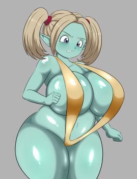 aqua_skin bikini breasts codeyumi colored_skin cowboy_shot dragon_ball dragon_ball_daima grey_skin huge_breasts micro_bikini navel pansy_(dragon_ball_daima) plump pointy_ears purple_eyes shiny_skin slingshot_swimsuit standing swimsuit thick_thighs thighs twintails white_hair wide_hips yellow_bikini yellow_slingshot_swimsuit