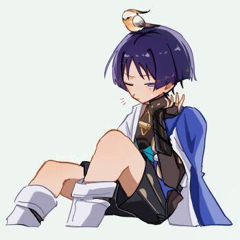 Rule 34 | 1boy, amhr 46, animal, animal on head, armor, bird, bird on head, black bodysuit, black shorts, blue cape, blue kimono, blunt ends, bodysuit, bridal gauntlets, cape, choppy bangs, closed mouth, cropped legs, eyeliner, furisode, genshin impact, gold ring, grey bridal gauntlets, hakama, hakama shorts, hand up, highres, japanese armor, japanese clothes, juban, kimono, kote, kurokote, leg warmers, light blush, looking down, makeup, male focus, middle ring, notice lines, on head, one eye closed, open clothes, open hand, open kimono, pleated shorts, purple eyes, purple hair, red eyeliner, scaramouche (genshin impact), short sleeves, shorts, shoulder peek, sitting, solo, turtleneck, turtleneck bodysuit, wanderer (genshin impact), white kimono, white leg warmers, white sleeves