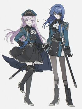 2girls 3shine_02 alternate_costume ascot asymmetrical_bangs belt black_boots black_gloves black_pantyhose black_skirt blindfold blue_cape blue_eyes blue_hair blue_hat blue_jacket blunt_bangs boots brooch cape collared_jacket emblem expressionless floating_hair full_body gloves grey_background hand_on_own_hip hat hecate_(path_to_nowhere) hella_(path_to_nowhere) highres jacket jewelry kepi layered_skirt long_hair looking_at_viewer military_hat military_jacket military_uniform multiple_girls one_eye_covered pantyhose path_to_nowhere pink_eyes pink_hair rapier scabbard sheath sheathed side_cape simple_background skirt smile standing standing_on_one_leg sword thigh_boots thighhighs weapon white_ascot zettai_ryouiki