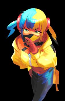 1girl aqua_eyes bandeau belt black_background black_belt blue_pants canari_(pokemon) commentary eyelashes hand_up highres hood hood_down hooded_jacket jacket long_sleeves looking_at_viewer marnie_(marnielovesyou) mask mouth_mask multicolored_hair navel nintendo open_clothes open_jacket pants pokemon pokemon_legends:_z-a simple_background solo twintails yellow_bandeau yellow_jacket zipper zipper_pull_tab