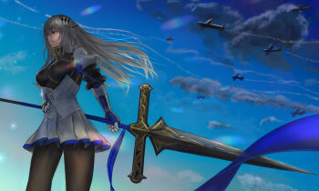 1girl absurdres armor azur_lane blue_ribbon breastplate breasts corset gauntlets grey_hair hair_ornament highres holding holding_polearm holding_spear holding_weapon huge_filesize left-handed long_hair looking_at_viewer looking_to_the_side medium_breasts mxy-7_ohka pantyhose pleated_skirt polearm red_eyes ribbon saint-louis_(azur_lane) skirt smoke spear unitard weapon you