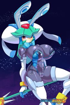 1girl absurdres black_bodysuit bodysuit breasts cameltoe covered_erect_nipples cowboy_shot grey_hair helmet highres holding holding_staff huge_breasts inchduhernz leotard long_hair mega_man_(series) mega_man_zx model_w_(mega_man) pandora_(mega_man) red_eyes see-through_clothes see-through_leotard solo staff white_helmet