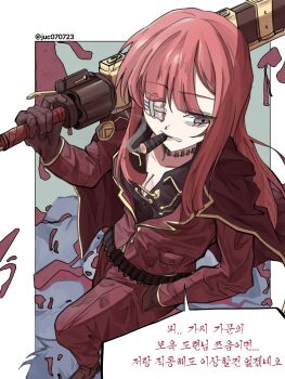 1girl absurdres brown_gloves brown_shoes cigar clenched_teeth coat coat_on_shoulders commentary_request cosplay full_body gloves gold_trim grey_eyes gunblade hands_in_pockets highres jacket juc070723 korean_commentary lei_heng_(project_moon) lei_heng_(project_moon)_(cosplay) limbus_company long_hair pants pink_hair project_moon red_coat red_jacket red_pants shoes sidelocks smoke smoking stitches teeth weapon yuri_(project_moon)