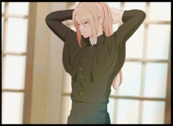 1boy bedge blurry blurry_background brown_eyes brown_hair cross cross_necklace degrees_of_lewdity depth_of_field indoors jewelry long_hair necklace priest solo sydney_(degrees_of_lewdity) sydney_(male)_(degrees_of_lewdity)