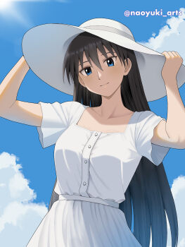 Rule 34 | 1girl, absurdres, artist name, azumanga daiou, black hair, blue eyes, cloud, cloudy sky, day, dress, hat, highres, long hair, looking at viewer, naoyuki arts, outdoors, sakaki (azumanga daioh), sky, solo, square neckline, sundress, white dress, white hat