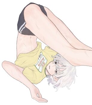 1boy bags_under_eyes black_eyes black_shorts casual dungeon_meshi elf feet_out_of_frame grey_hair highres lazy_eye looking_at_viewer male_focus mchi125 midriff_peek mithrun multiple_scars navel notched_ear pointy_ears print_shirt scar shirt short_hair short_shorts short_sleeves shorts simple_background solo t-shirt uneven_eyes upside-down wavy_hair white_background yellow_shirt