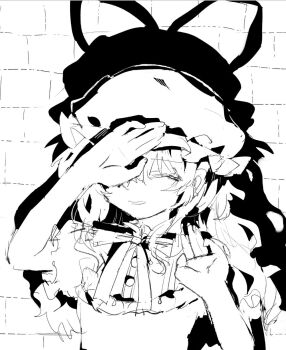 Rule 34 | 1girl, brick wall, collared dress, commentary, covering own eyes, dress, hair ribbon, hat, highres, long hair, maribel hearn, mob cap, monochrome, neck ribbon, ribbon, shadow, short sleeves, taasuukeeteeeee, touhou, untranslatable commentary, upper body, yukari is merry theory (touhou)