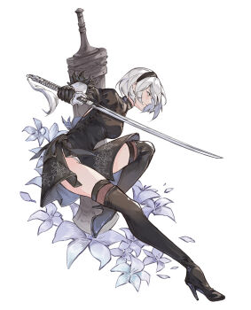 1girl 2b_(nier:automata) absurdres black_dress black_hairband black_thighhighs boots dress feather-trimmed_sleeves feather_trim hairband high_heel_boots high_heels highres juliet_sleeves leotard long_sleeves nier:automata nier_(series) no_blindfold puffy_sleeves reika_(reikadraws) short_hair solo thigh_boots thighhighs thighhighs_under_boots virtuous_contract white_background white_hair white_leotard