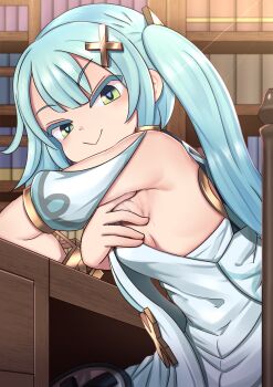 &gt;:) 1girl aqua_hair armpits bracelet breasts closed_mouth commentary_request desk dress faruzan_(genshin_impact) genshin_impact green_eyes hair_ornament hand_on_own_chest highres jewelry lemon_snail library looking_at_viewer presenting presenting_armpit short_sleeves small_breasts solo spread_armpit symbol-shaped_pupils triangle-shaped_pupils twintails v-shaped_eyebrows white_dress x_hair_ornament