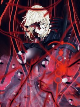 1girl absurdres armor armored_dress artoria_pendragon_(fate) aura blonde_hair dark_persona dress excalibur_morgan_(fate) fate/stay_night fate_(series) hair_bun heaven&#039;s_feel highres holding holding_sword holding_weapon ilsa34660285 saber_alter single_hair_bun solo sword weapon