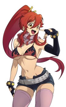 1girl :d absurdres asymmetrical_gloves bare_shoulders belt bikini bikini_top_only black_bikini black_gloves black_shorts bracelet breasts cleavage commentary cowboy_shot elbow_gloves fingerless_gloves flame_print gloves groin hair_between_eyes hair_ornament hair_stick hand_on_own_thigh hand_up highres jewelry large_breasts long_hair looking_at_viewer lucasaobari navel open_mouth pink_scarf pink_thighhighs ponytail red_hair red_scarf scarf short_shorts shorts sidelocks simple_background single_elbow_glove skindentation skull_hair_ornament smile solo standing stomach striped_clothes striped_scarf studded_belt studded_bracelet swimsuit teeth tengen_toppa_gurren_lagann thighhighs upper_teeth_only white_background yellow_eyes yoko_littner