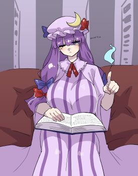 Rule 34 | 1girl, absurdres, blue bow, blue ribbon, book, bow, breasts, bulletcamera, closed mouth, couch, crescent, crescent hat ornament, dress, fire, frown, hair bow, hat, hat ornament, hat ribbon, highres, index finger raised, large breasts, light blush, long hair, looking at viewer, mob cap, mukyuu, one eye closed, open book, patchouli knowledge, purple background, purple eyes, purple hair, red bow, red ribbon, ribbon, robe, sitting, sketch background, solo, striped clothes, striped dress, touhou, vertical-striped clothes, vertical-striped dress, very long hair, wide sleeves