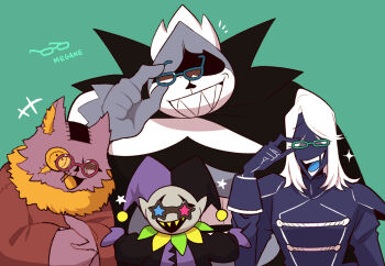 1other 3boys adjusting_eyewear bespectacled blue_skin blue_tongue colored_skin colored_teeth colored_tongue crown deltarune furry glasses gloves hat jester jester_cap jevil king_(deltarune) long_hair monster_boy multiple_boys open_mouth round_eyewear rouxls_kaard seam_(deltarune) smile taharu_(papiyas) teeth utdr_(toby_fox) white_hair yellow_teeth