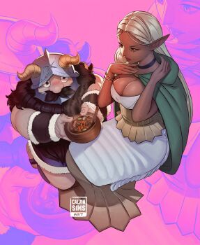 1boy 1girl absurdres beard beard_over_mouth blonde_hair bread breasts calvin_sims cithis cleavage cloak dark-skinned_female dark_elf dark_skin dress dungeon_meshi dwarf elf facial_hair food highres hood hooded_cloak large_breasts long_beard mustache pointy_ears senshi_(dungeon_meshi) sitting thick_mustache very_long_beard white_dress zoom_layer