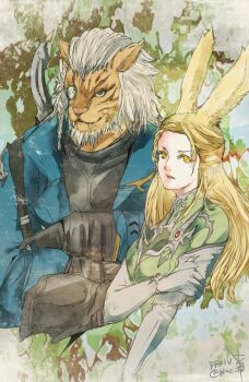 1boy 1girl animal_ears blonde_hair blue_coat body_fur brown_fur coat commentary copyright_name crossed_arms elbow_gloves fangs fangs_out final_fantasy final_fantasy_xiv furry furry_male gloves grey_hair hand_on_own_arm hrothgar long_hair monocle open_clothes open_coat rabbit_ears radovan_slobasch ruka_(blueplus84) short_hair sophie_(ff14) twitter_username viera weapon weapon_on_back white_gloves yellow_eyes