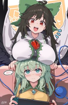2girls :d absurdres black_hair black_wings blush bow breast_rest breasts breasts_on_head closed_mouth eyeball green_bow green_eyes green_hair hair_bow handheld_game_console highres komeiji_koishi large_breasts long_hair looking_at_viewer medium_breasts medium_hair multiple_girls nintendo_switch open_mouth red_eyes reiuji_utsuho shiratsuki_shiori smile spoken_blush third_eye touhou wings