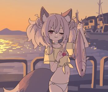 Rule 34 | 1girl, animal, animal ears, bikini, blush, borrowed character, bracelet, choker, closed mouth, cowboy shot, fang, fang out, fish, flat chest, fox ears, fox girl, fox tail, grey hair, hair between eyes, hair bun, highres, holding, holding animal, holding fish, jaana kettu, jewelry, looking at viewer, lyrinne, medium hair, navel, one eye closed, original, outdoors, pier, red eyes, shirt, skin fang, solo, standing, sunset, swimsuit, tail, tied shirt, twintails, v, water, white bikini, yellow shirt
