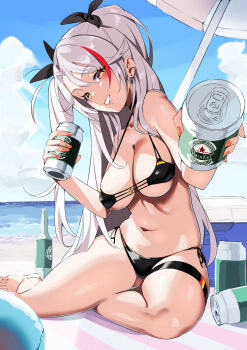 1girl absurdres alcohol azur_lane bare_shoulders beer beer_bottle beer_can bikini black_bikini black_choker breasts can choker cleavage cross cross_earrings drink_can earrings flag_print flag_print_bikini german_flag german_flag_bikini german_flag_print hair_between_eyes heineken highres iron_cross jewelry long_hair looking_at_viewer multicolored_hair nukege_ojisan official_alternate_costume print_bikini prinz_eugen_(azur_lane) prinz_eugen_(unfading_smile)_(azur_lane) solo streaked_hair swimsuit underboob very_long_hair white_hair