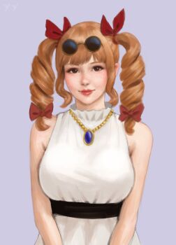 Rule 34 | 1girl, bow, dress, drill hair, drill sidelocks, hair bow, hat, hat bow, highres, jewelry, lips, long hair, looking at viewer, necklace, no headwear, no jacket, sidelocks, simple background, sleeveless, sleeveless dress, smile, solo, sunglasses, touhou, twin drills, white background, white dress, yorigami jo'on, yyf (seaknight)