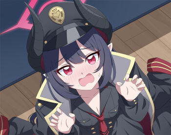 1girl black_coat black_dress black_hair black_hat blue_archive blush breasts chiaki_(blue_archive) cleavage coat coat_on_shoulders commentary demon_girl demon_horns dress halo hat highres horns long_hair looking_at_viewer necktie open_mouth peaked_cap pointy_ears red_eyes red_halo red_necktie solo sweatdrop welchsbinn