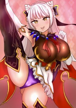 breasts chaos_puss_in_boots_(grimms_notes) damuko_(kxmx4323) grimms_notes huge_breasts long_hair panties purple_panties smile split standing standing_on_one_leg standing_split tongue tongue_out underwear white_hair