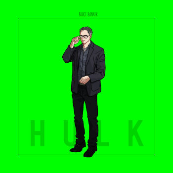 Rule 34 | 1boy, avengers: endgame, avengers (series), black-framed eyewear, black boots, black jacket, black pants, blue shirt, boots, bruce banner, buttons, character name, closed mouth, collared shirt, full body, glasses, green background, grey hair, hand up, highres, jacket, lapels, long sleeves, looking at viewer, male focus, marvel, marvel, mochishio, open clothes, open jacket, pants, plaid clothes, plaid shirt, shirt, short hair, simple background, solo, standing, white pants