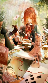 3girls absurdres ace_(playing_card) ace_of_hearts animal_ears apron bangs_pinned_back beret black_bow black_gloves black_shirt blonde_hair blue_bonnet blue_capelet blue_dress blue_jacket blue_shorts blunt_bangs bonnet book bow buttons capelet card chain character_request chess_piece chessboard chinese_commentary closed_eyes collared_jacket collared_shirt commentary_request day dress elbow_on_table expressionless eyelashes floating_card floating_hair floppy_ears footwear_bow forehead fox_ears frilled_apron frilled_dress frilled_headwear frilled_sleeves frilled_socks frills full_body gloves gold_chain greenhouse grey_eyes hair_bow half_gloves hand_on_own_chin hat heart highres holding holding_spoon indoors jacket jiaopiupiu joker_(playing_card) juliet_sleeves key kneehighs lapels lipstick lolita_fashion long_hair long_sleeves looking_at_viewer makeup medium_dress mini_person minigirl multiple_girls nikki_(series) notched_lapels orange_hair oversized_object parted_lips pink_lips pink_shoes plant playing_card pocket_watch potted_plant puffy_sleeves rabbit_ears red_hat red_lips red_sash sash shadow shining_nikki shirt shoes shorts sidelocks sitting socks spoon teeth watch wavy_hair white_apron white_bow white_shirt white_shoes white_socks window