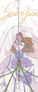 1boy absurdres ascot axis_powers_hetalia blonde_hair facial_hair france_(hetalia) gloves goatee_stubble highres holding holding_sword holding_weapon jacket long_hair male_focus medium_hair purple_eyes shirt solo stubble sword upper_body veil weapon xinjinjumin1298317