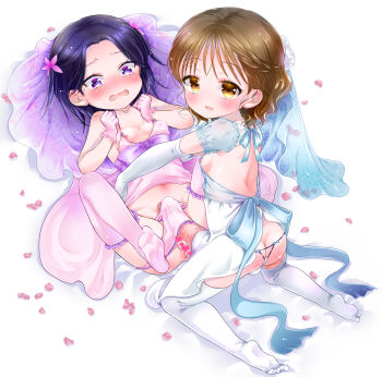 2futa blush breasts brown_hair bulge erection erection_under_clothes highres huge_penis lingerie looking_at_viewer multiple_boys multiple_futa panties penis sen_midoriiro shota small_breasts trap underwear young_futanari