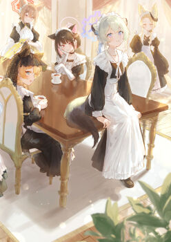 5girls absurdres alternate_costume animal_ears bird bird_on_hand black_hair blonde_hair blue_archive blue_eyes breasts brown_hair cat_ears cat_girl chair colored_inner_hair cup curtains elbow_gloves enmaided eshineko fox_ears fox_girl gloves green_hair hair_between_eyes hair_ornament hairclip halo highres indoors kazusa_(blue_archive) long-tailed_tit long_hair long_sleeves looking_at_viewer maid maid_headdress mari_(blue_archive) multicolored_hair multiple_girls orange_hair pink_halo plant purple_eyes red_eyes red_halo rumi_(blue_archive) seia_(blue_archive) shigure_(blue_archive) sitting sleeves_past_fingers sleeves_past_wrists smile standing stirring table tail teacup tit_(bird) weasel_ears weasel_girl weasel_tail yellow_halo