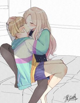2girls black_pantyhose blonde_hair blue_skirt closed_eyes commentary_request fujita_kotone gakuen_idolmaster grey_jacket hand_on_another&#039;s_head haniwa_hayate highres idolmaster jacket juo_sena kiss knee_blush long_hair multiple_girls no_shoes on_bed pantyhose pink_skirt pink_streaks skirt socks sweat white_socks yuri