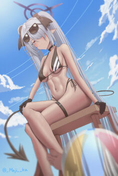 1girl absurdly_long_hair absurdres arm_at_side ball barefoot beachball belt bikini black_bikini black_bow black_choker black_gloves blue_archive blue_sky blush bow breasts breasts_apart choker closed_mouth cloud commentary crossed_legs cup dark-skinned_female dark_skin day demon_girl demon_tail disposable_cup dutch_angle eyewear_on_head film_grain foot_out_of_frame gloves grey_hair hair_bow hair_over_one_eye halo hand_on_own_knee highres iori_(blue_archive) iori_(swimsuit)_(blue_archive) light_smile long_bangs long_hair looking_at_viewer maji_(majidesu3) medium_breasts multi-strapped_bikini_bottom navel one_eye_covered outdoors pointy_ears purple_halo red_eyes ring_of_light_(blue_archive) side-tie_bikini_bottom sidelocks sitting sky solo split_mouth stomach straight_hair sunglasses swimsuit tail thigh_belt thigh_strap thighs twintails twitter_username very_long_hair