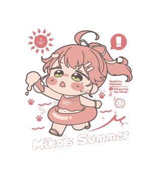 ! 1girl :&lt; ahoge blush_stickers chibi commentary_request dotted_line food green_eyes hair_ornament hairclip holding holding_food hololive ice_cream ice_cream_cone incense_burner innertube kayari_buta mochimiko navel open_mouth pink_hair pink_shirt ponytail sakura_miko sample_watermark shirt simple_background soft_serve solo spoken_exclamation_mark sweat swim_ring virtual_youtuber watermark white_background wind_chime