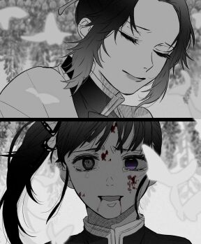 2girls blood blood_from_mouth blood_on_face bug butterfly butterfly_hair_ornament closed_mouth crying crying_with_eyes_open demon_slayer_uniform eyelashes floating_hair flower hair_ornament haori heterochromia highres injury insect japanese_clothes kapuriko_(giant_kmt) kimetsu_no_yaiba kochou_shinobu light_smile looking_at_viewer multiple_girls portrait purple_eyes side_ponytail sidelocks split_screen spoilers straight-on tears tsuyuri_kanao updo wisteria