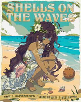 1girl :o ahoge artist_name bare_shoulders barefoot beach black_hair blue_eyes blue_sky character_name cloud coconut coconut_tree conch copyright_name dark-skinned_female dark_skin day english_text fatutu flower full_body hair_flower hair_ornament halter_shirt halterneck hermit_crab highres horizon jewelry leaf_hair_ornament long_hair long_skirt looking_down necklace ocean outdoors palm_tree pointing reverse:1999 sand shell shell_anklet shell_bracelet shell_necklace shirt shoulder_tattoo skirt sky sleeveless sleeveless_shirt solo squatting tattoo tree very_long_hair wavy_hair white_flower white_shirt white_skirt yurax-mae